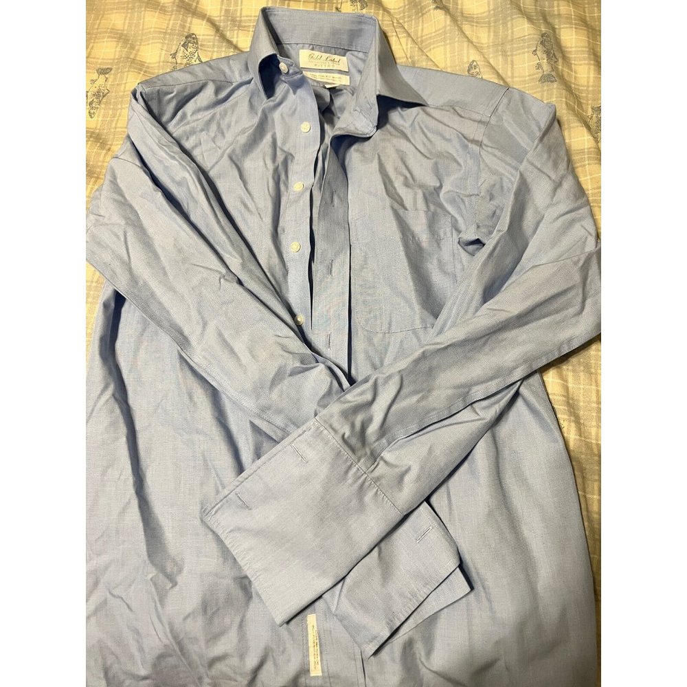 Gold Label Roundtree and Yorke Blue Shirt Mens Button Up 14.5 32 French Cuffs